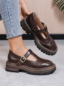 女士新款时尚粗跟高跟乐福鞋，优质真皮鞋，法式英伦风玛丽珍鞋，金属扣，圆头，防滑鞋底，复古风乐福鞋，新款学院风商务休闲平底鞋，棕色 - 棕色 - 查看 3