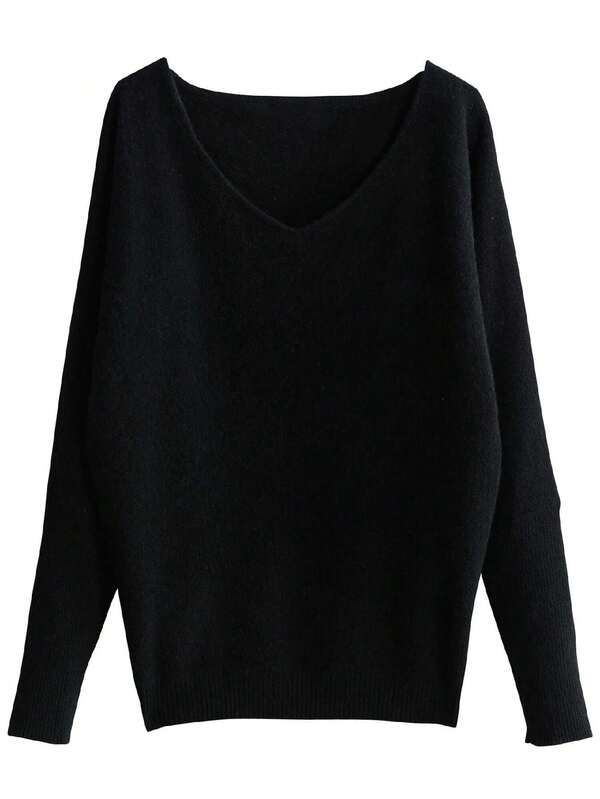 Women's 100% Merino Wool Sweater V-Neck Sweater Fall Winter Long-Sleeved Soft Knitted Pullover