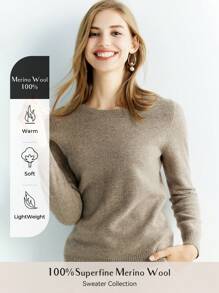 100% Merino Wool Women's Sweater Warm Soft Crewneck Basic Pullover - Camel - View 1