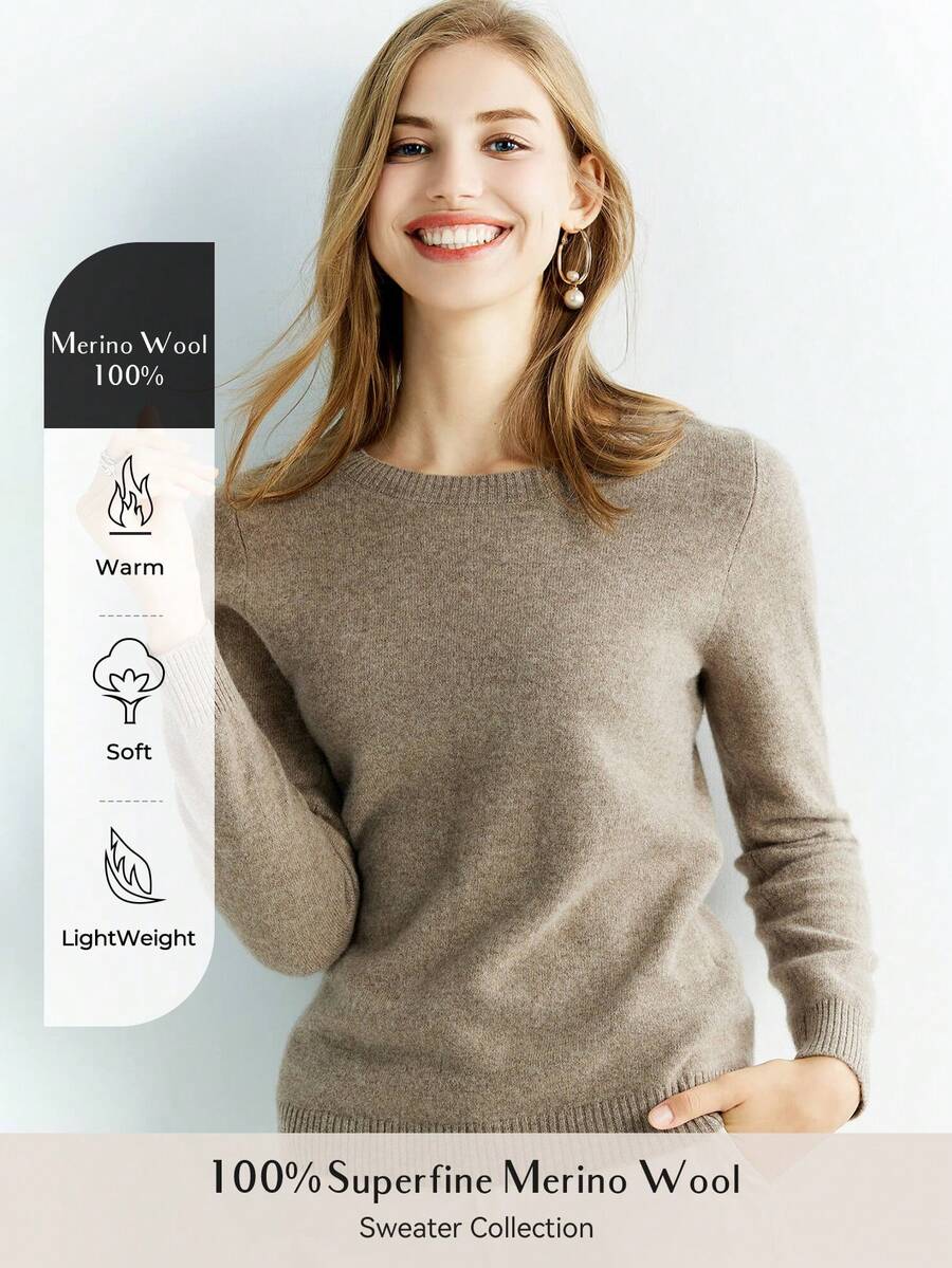 100% Merino Wool Women's Sweater Warm Soft Crewneck Basic Pullover - Camel - View 1