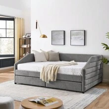 MISSUNNY Queen Size Daybed With Dual Drawer Trundle & Upholstered Tufted Sofa Bed Conversion - Crafted With Linen-Blend Fabric In Sophisticated Grey - Spacious And Versatile For Your Living Room Or Guest Space - 灰色 - 查看 2