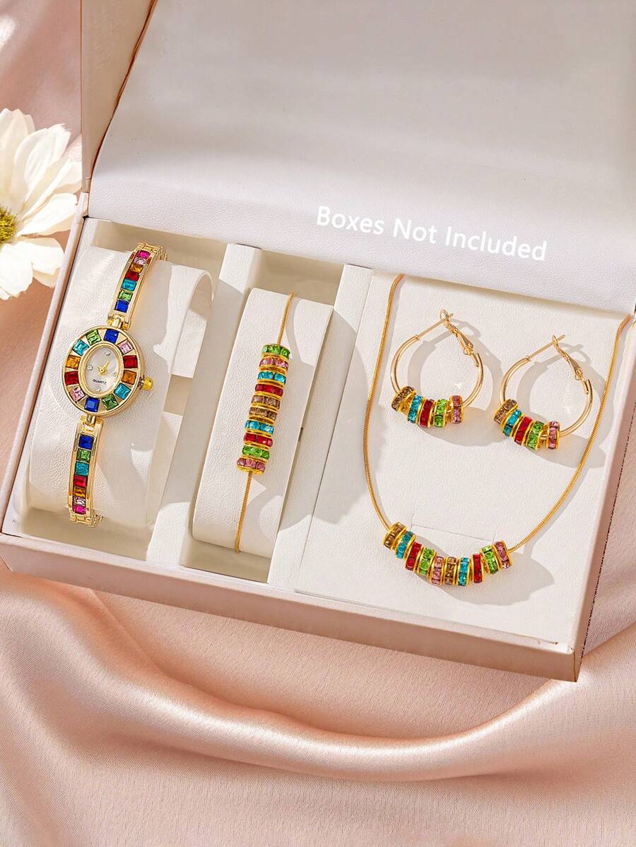 1 Set Women's Watch, Rhinestone Beaded Necklace And Bracelet Jewelry Set, As Well As 2nd Hand Women's Luxury Fashion Elegant Watch And Bracelet, Suitable For Daily Wear, Parties And Other Occasions - Gold - View 1