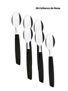 Jogo talher 25 peças Inox com Cabo Plástico Preto Colher Garfo Faca de mesa Organizador