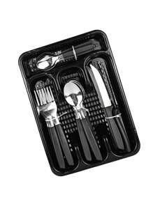 Jogo talher 25 peças Inox com Cabo Plástico Preto Colher Garfo Faca de mesa Organizador