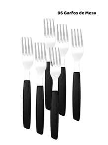 Jogo talher 25 peças Inox com Cabo Plástico Preto Colher Garfo Faca de mesa Organizador