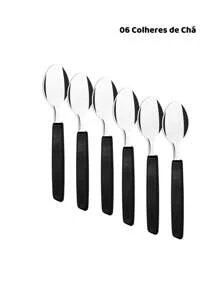 Jogo talher 25 peças Inox com Cabo Plástico Preto Colher Garfo Faca de mesa Organizador