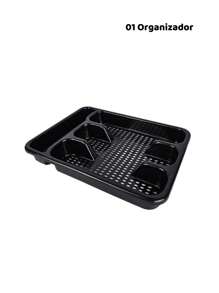 Jogo talher 25 peças Inox com Cabo Plástico Preto Colher Garfo Faca de mesa Organizador