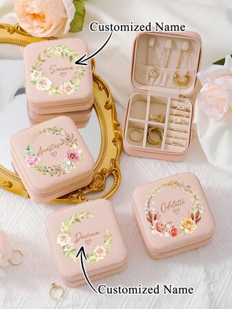 1pc Custom Jewelry Storage Boxes With Flower Name Simple Elegant Personalized Name Jewelry Storage Box 10*10*5cm Imitation Leather Pink White Suitable For Wedding Bridesmaid Gifts, Ideal Gifts For Mothers, Friends, Sisters., Ornamental, Space-Saving Fashionable, High-Quality, Stylish, Exquisite Custom, Personalized, School, Home, Office Back To School, Multi-Functional,Xmas Decoration,For Housewarming,Elegant Living,Artful Living