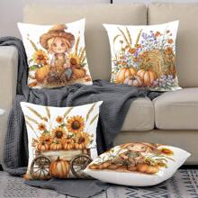 4pcs/1pc Thanksgiving Decorative Pillow Case, Harvest Season Pumpkin & Letter Print Blue Cushion Cover, Thanksgiving Decor Sofa Throw Pillow Sham - Multicolor - View 11