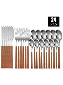 4/16/24pcs Stainless Steel Gold Color Cutlery Set, Wooden Pattern Plastic Handle, Japanese Style Flatware Suitable For Kitchen, Restaurant,School Supplies - Silver - View 9