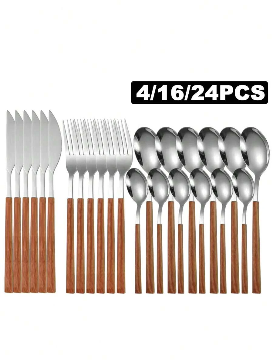 4/16/24pcs Stainless Steel Gold Color Cutlery Set, Wooden Pattern Plastic Handle, Japanese Style Flatware Suitable For Kitchen, Restaurant,School Supplies - Silver - View 1
