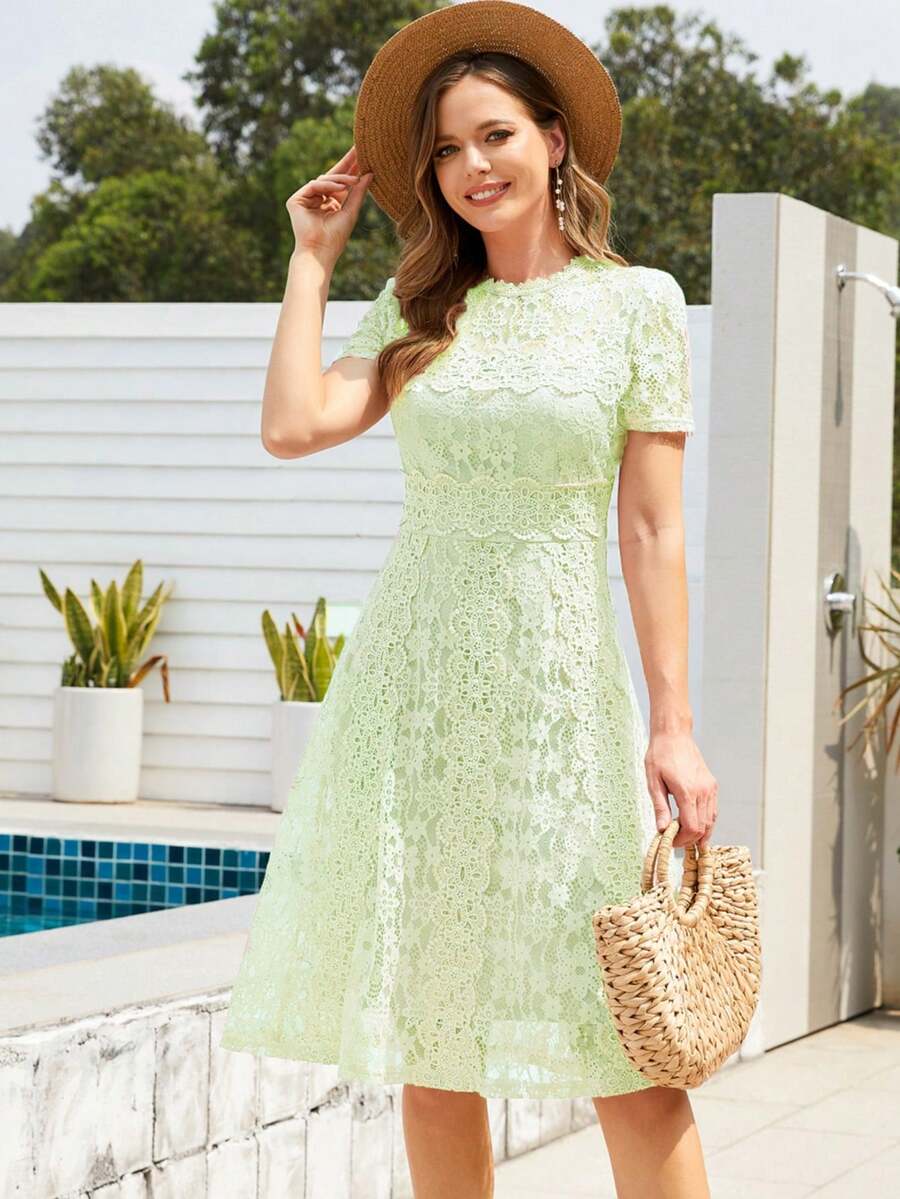 优雅圆领短袖蕾丝半身裙婚纱伴娘新娘鸡尾酒会单身派对订婚新娘伴娘新娘婚礼鸡尾酒会正式舞会单身派对订婚