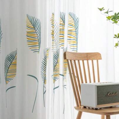 1pc Yellow Nordic Leaf Print Voile Curtain With Embroidered Floral Design, Suitable For Living Room, Bedroom, Balcony, Office Home Decor, Excluding Track And Curtain Rod