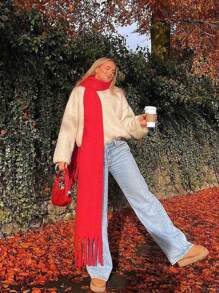 1pc Thick Christmas Solid Color Fluffy Tassel Warm Scarf, Fashionable Windproof Wrap Shawl, Soft And Comfortable, Suitable For Daily Wear In Autumn/Winter