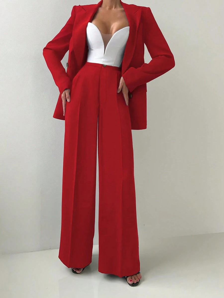 Women Office Lady Elegant Casual Blazer Jacket And Straight Leg Pants Suit Set, Autumn/Winter, Chrisimas & New Year Eve Party Outfit Valentine's Day, With Shoulder Pad - Red - View 1