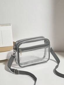 休闲透明斜挎包，简约时尚 PVC 拉链单肩包，配有可调节肩带 - 灰色 - 查看 2