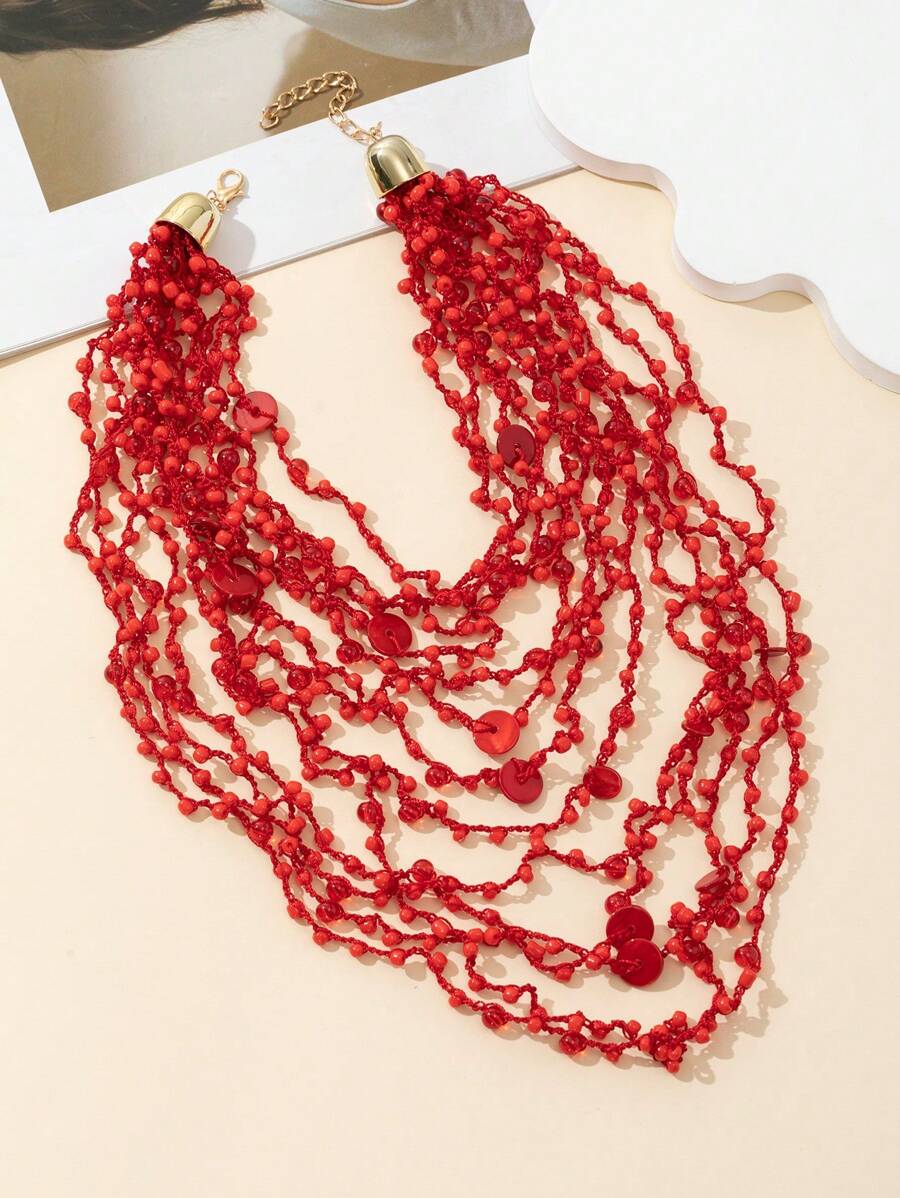 1pc Fashion Red Multilayer Knotted Crocheted Necklace, Suitable For Holiday And Daily Wear - Burgundy - View 1