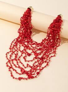 1pc Fashion Red Multilayer Knotted Crocheted Necklace, Suitable For Holiday And Daily Wear - Burgundy - View 2