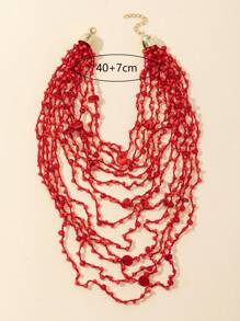 1pc Fashion Red Multilayer Knotted Crocheted Necklace, Suitable For Holiday And Daily Wear - Burgundy - View 3