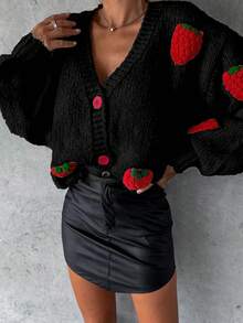 Áo khoác cardigan nữ tay phồng họa tiết dâu tây ngọt ngào, dịu dàng, thời trang Thu/Đông mới - màu đen - Xem 3
