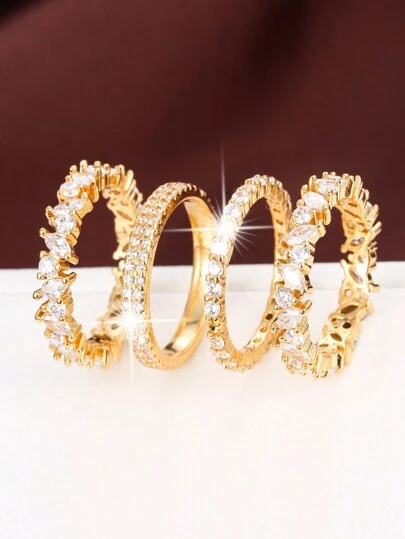 4 Stücke minimalistische kubische Zirkonia Ringe für Frauen, geeignet für den täglichen Gebrauch