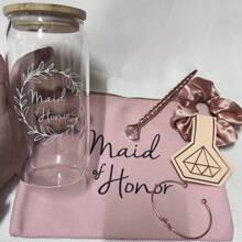 5件套伴娘求婚婚礼礼物套装，伴娘礼物，准新娘礼物，16盎司玻璃杯，化妆包，婚礼装饰，家居装饰，房间装饰，派对回礼，生日毕业派对装饰，单身派对装饰