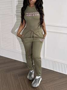 LovelyWholesale Women'S Casual Round Neck Letter Printed Short Sleeved Top And Drawstring Pants Set For Autumn Clothing For Women