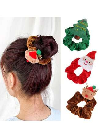 1pc Christmas Hair Scrunchies,Silk Christmas Hair Ties Elastic,With Christmas Tree Santa Claus Elk Soft Elastic Hair Bands,Red And Green Brown Checkered Hair Ties Xmas Ponytail Holders For Women Girls Christmas Decorations Home Christmas Gifts Christmas Decor