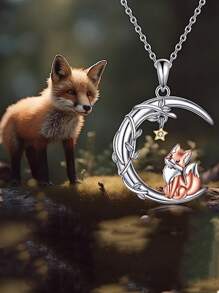 1 pièce Collier pendentif élégant avec branche d'arbre, lune croissante et renard en cristal, à porter au quotidien et en cadeau