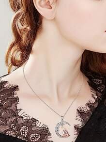 1 pièce Collier pendentif élégant avec branche d'arbre, lune croissante et renard en cristal, à porter au quotidien et en cadeau