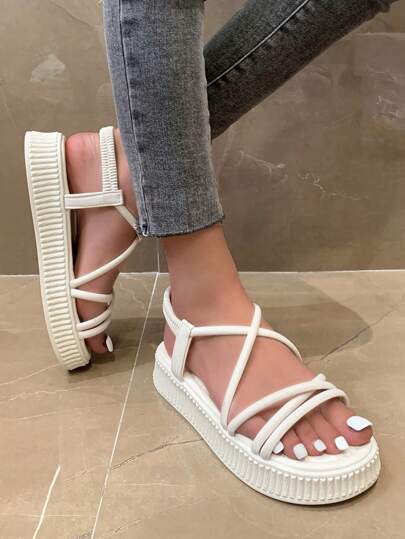 Women's Summer Open Toe Criss-Cross Strap Beige & Black Slip-On Thick Sole Casual Roman Sandals, Outdoor Non-Slip Beach Shoes