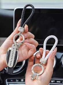 1pc Fashionable Zinc Alloy Keychain With Black Leather Cord For Car Keys, Versatile And Minimalist Keyring