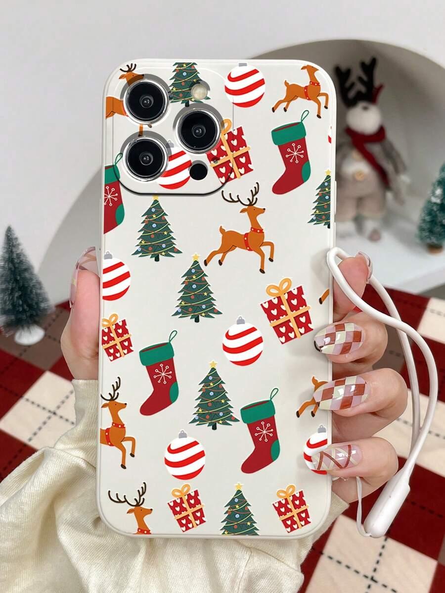 1pc Fashion Christmas Elk Print Frosted Phone Case With Strap, Compatible With IPhone 11 12 13 14 11Pro Max 12Pro Max 13Pro Max 14Pro Max XR 15 15PRO 15PROMAX 16 16PRO 16PROMAX, Samsung Galaxy A05/A15/A25/A35/A53/A54/A55/S23/S24,  Redmi Series - Multicolor - View 1
