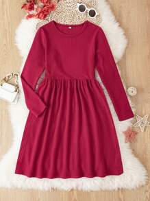 Tween Girls' Solid Color Minimalist Casual Round Neck Long Sleeve A-Line Dress - Red - View 2
