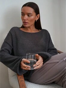 Gray Hollow-Out Long Sleeve Sweater For Women, Spring/Summer Top - Dark Grey - View 2