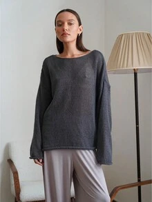 Gray Hollow-Out Long Sleeve Sweater For Women, Spring/Summer Top - Dark Grey - View 5
