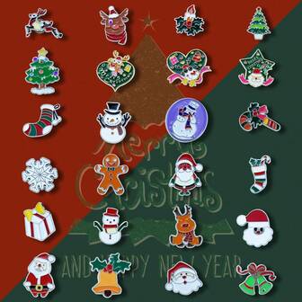 12pcs/24pcs Christmas Santa, Snowman, Reindeer, Gingerbread Man, Bell, Candy Cane, Snowflake, Christmas Tree Enameled Alloy Cartoon Brooch, Christmas Festival, Winter