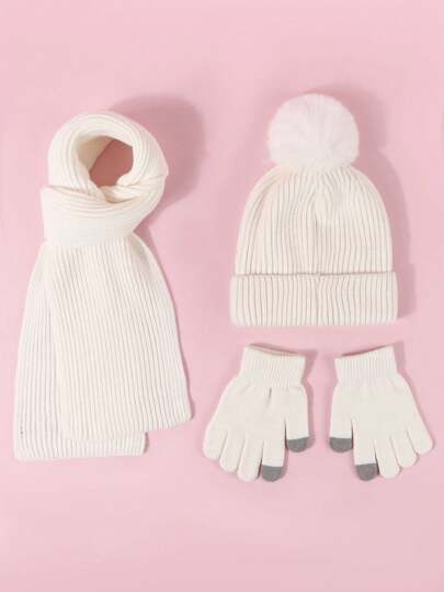 3 件套儿童白色纯色无檐小便帽 + 围巾 + 手套，Y2K 风格防风保暖冬季配饰