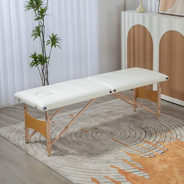 HOMCOM Camilla de Masaje Plegable Mesa de Masaje Portátil con Reposacabezas Marco de Madera Camilla Fisioterapia con Altura Regulable y Bolsa de Transporte 186x60x58-81 cm Crema