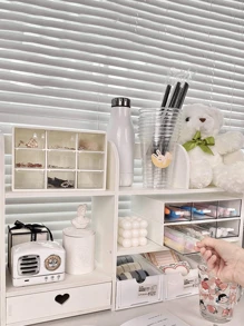 1PCS MDF Storage Rack, Suitable For Bedroom, Living Room, Study Room, Office, Desk, Dressing Table, Dormitory Table, For Storing Desktop Items Such As Pens, Colored Pens, Tapes, Plush Dolls, Books, Computers, Water Cups, Lipsticks, Eye Shadows And Other Small Items. - trắng - Xem 6