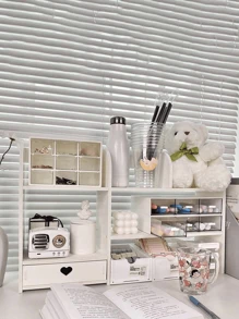 1PCS MDF Storage Rack, Suitable For Bedroom, Living Room, Study Room, Office, Desk, Dressing Table, Dormitory Table, For Storing Desktop Items Such As Pens, Colored Pens, Tapes, Plush Dolls, Books, Computers, Water Cups, Lipsticks, Eye Shadows And Other Small Items. - trắng - Xem 2