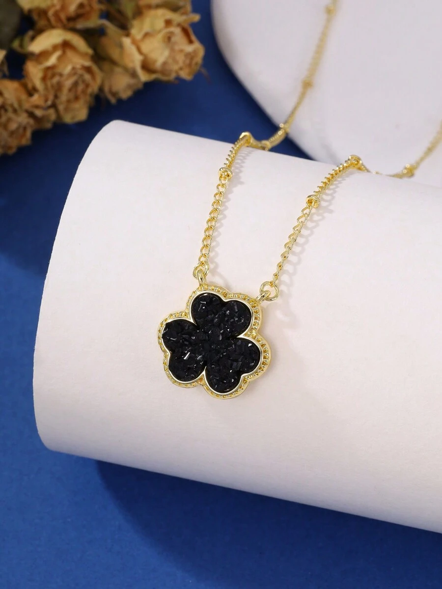 1 件优雅法式幸运金花卉心形吊坠项链，铜色，适合日常佩戴和返校礼物 - 黑色 - 查看 1