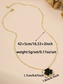 1 件优雅法式幸运金花卉心形吊坠项链，铜色，适合日常佩戴和返校礼物 - 黑色 - 查看 3