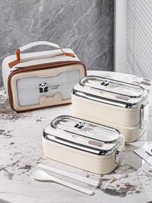 Bộ 3 hộp đựng cơm trưa bằng thép không gỉ 304 hình gấu trúc hoạt hình Giáng sinh, Hộp đựng cơm Bento hai lớp có lò vi sóng di động cho nhân viên văn phòng, Bộ đồ ăn, Đồ dùng học tập - Màu trắng sữa - Xem 12