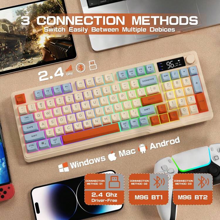 ATTACK SHARK M96 Wireless Gaming Keyboard,Knob Control BT/2.4G Wireless Mechanical Feeling Keyboard,RGB LED Backlit With Display Screen, PBT Keycap,2000mAh, 94-Key Layout For Win - 藍莓 - 查看 5