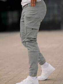 Men's Outdoor Multi-Pocket Drawstring Casual Sport Cargo Pants - Grey - View 3