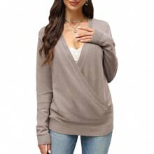 Women's 2024 Deep V-Neck Wrap Sweaters Long Sleeve Front Cross Loose Knitted Pullover Jumper Elegant Fall Winter Tops - Kaki nhạt - Xem 5