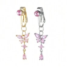 无穿孔蝴蝶假肚脐环，时尚铜锆石水钻吊坠肚脐穿孔首饰，女性身体穿孔礼物 - 粉色 - 查看 1