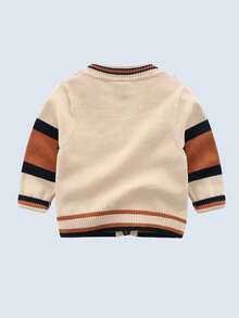 BOARNSEORL Boys' Khaki Contrast Stripe Button-Front Cardigan, Fashionable And Versatile For Outings, School, Travel, Spring/Autumn - Khaki - View 3