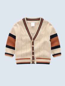 BOARNSEORL Boys' Khaki Contrast Stripe Button-Front Cardigan, Fashionable And Versatile For Outings, School, Travel, Spring/Autumn - Khaki - View 1